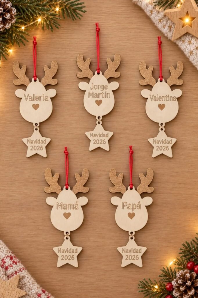 RENOS CON ESTRELLA COLGANTE EN MADERA PERSONALIZADOS Y NAVIDAD 2026
