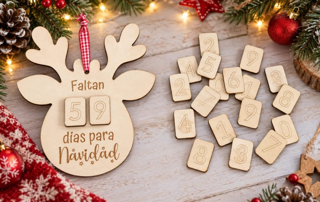 CALENDARIO MADERA NAVIDAD RENO CON 20 FICHAS NUMERICAS INTERCAMBIABLES IMANTADAS